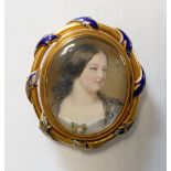 A Victorian oval portrait miniature of a young woman, housed in gold and enamel pendant mount, cover