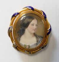 A Victorian oval portrait miniature of a young woman, housed in gold and enamel pendant mount, cover