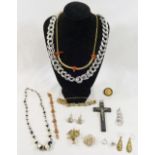 Assorted 20th century costume jewellery and other items housed in a 19th century rosewood