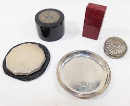 A small silver coaster and a small round hinged silver pill box, combined weight 2.29ozt, 71.2g, a
