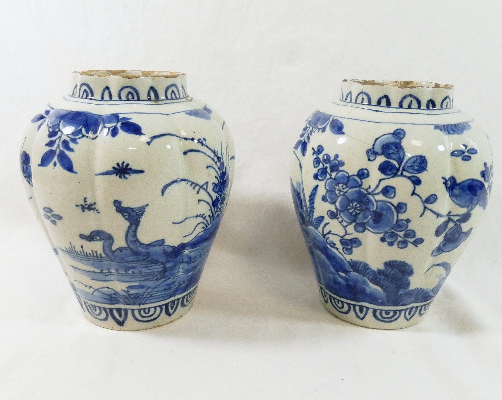 A pair of 18th century Dutch Delft lobed baluster vases, decorated with ducks and birds amongst - Image 3 of 3