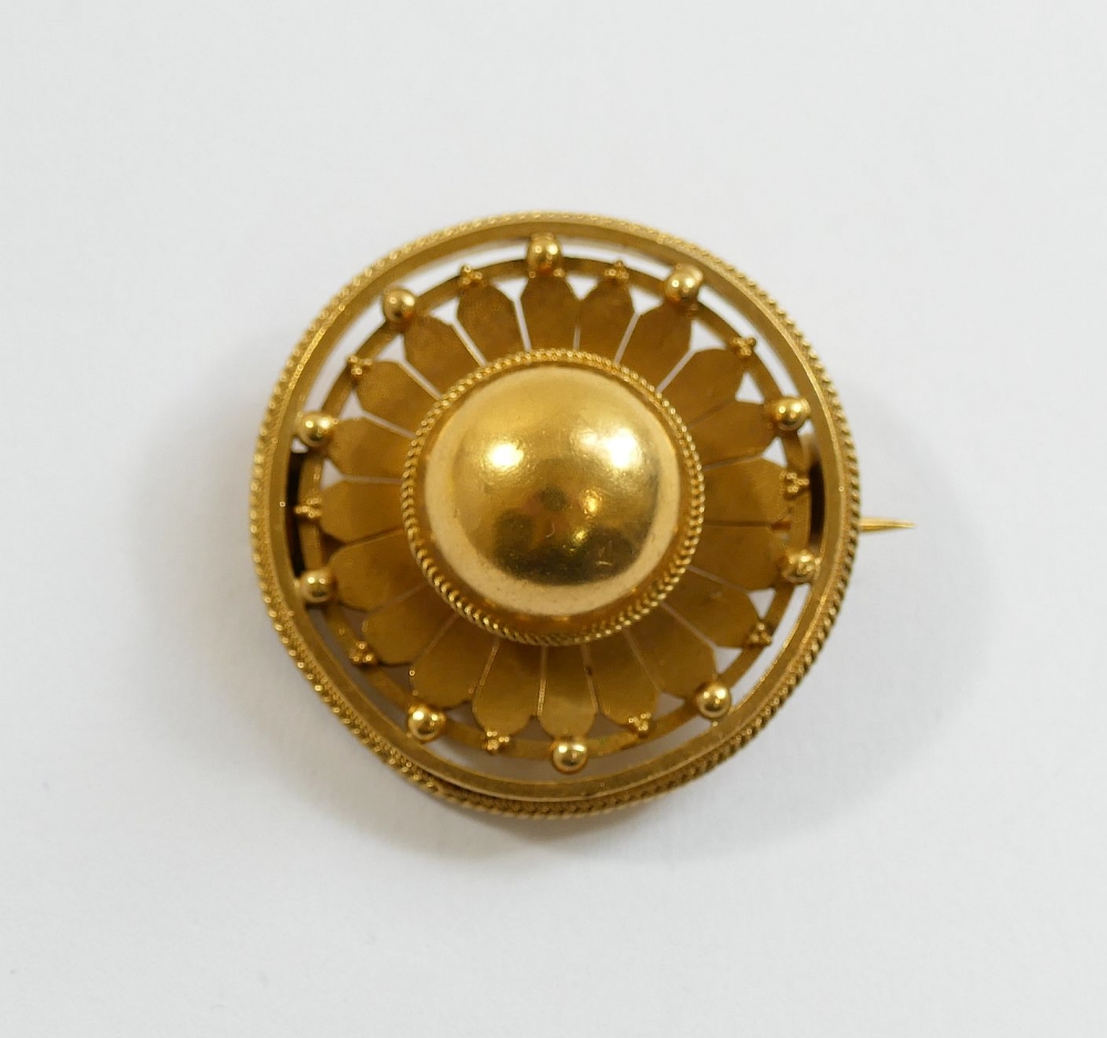 A Victorian Etruscan revival circular gold plated brooch, unmarked, 3.4cm diameter CONDITION REPORTS