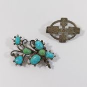 A 19th century silver, turquoise and diamond chip set foliate brooch, 4.8cm long, and a Victorian