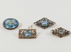 Two Shipton and Co. blue topaz set brooches, Birmingham 1962 and 1989 with maker's mark, and two