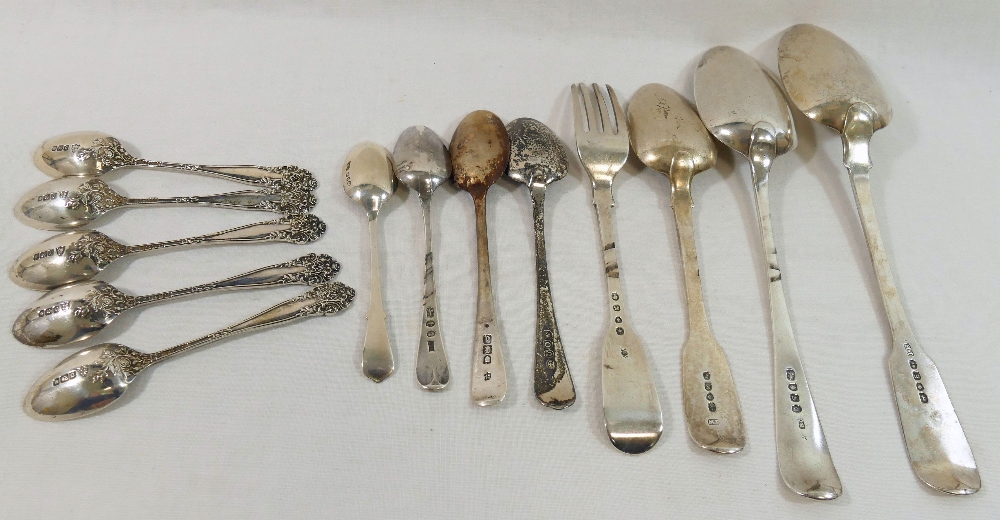 Twelve assorted silver spoons and one silver dessert fork, combined weight 11.25ozt, 350g - Image 2 of 2
