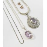 A heavy snake link chain, 45.5cm long, two amethyst set pendants, the largest 4cm wide, a pair of