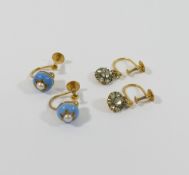 A pair of Victorian turquoise enamel and split pearl screw back earrings, the head of the earring