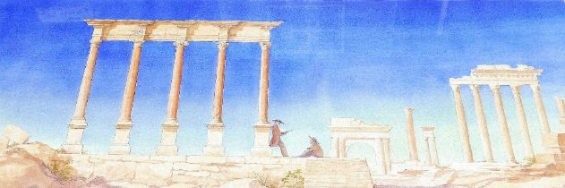 20th century, Classical ruins with two 18th century Grand Tour figures, watercolour, unsigned 45cm x