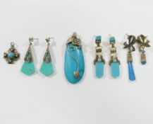 A collection of mainly turquoise set jewellery items stamped '925' comprised of four rings, a