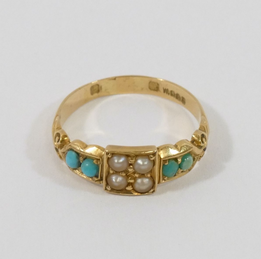 An Edwardian gold, turquoise and split seed pearl ring, finger size O, 3.3g gross, a Victorian - Image 4 of 8