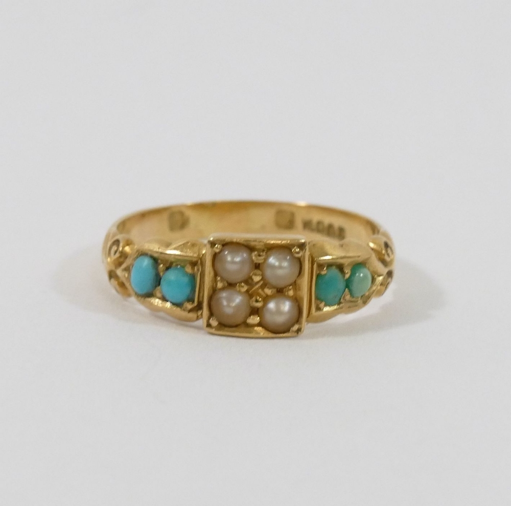 An Edwardian gold, turquoise and split seed pearl ring, finger size O, 3.3g gross, a Victorian - Image 2 of 8