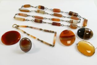 A collection of Victorian and later banded agate and hardstone jewellery including a necklace and