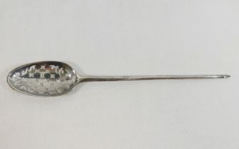A Georgian silver mote spoon, engraved with the crest of an arm holding aloft a cross, possibly