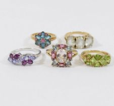 Three QVC 9 carat gold gem-set dress rings, and two other similar including a GTV example,