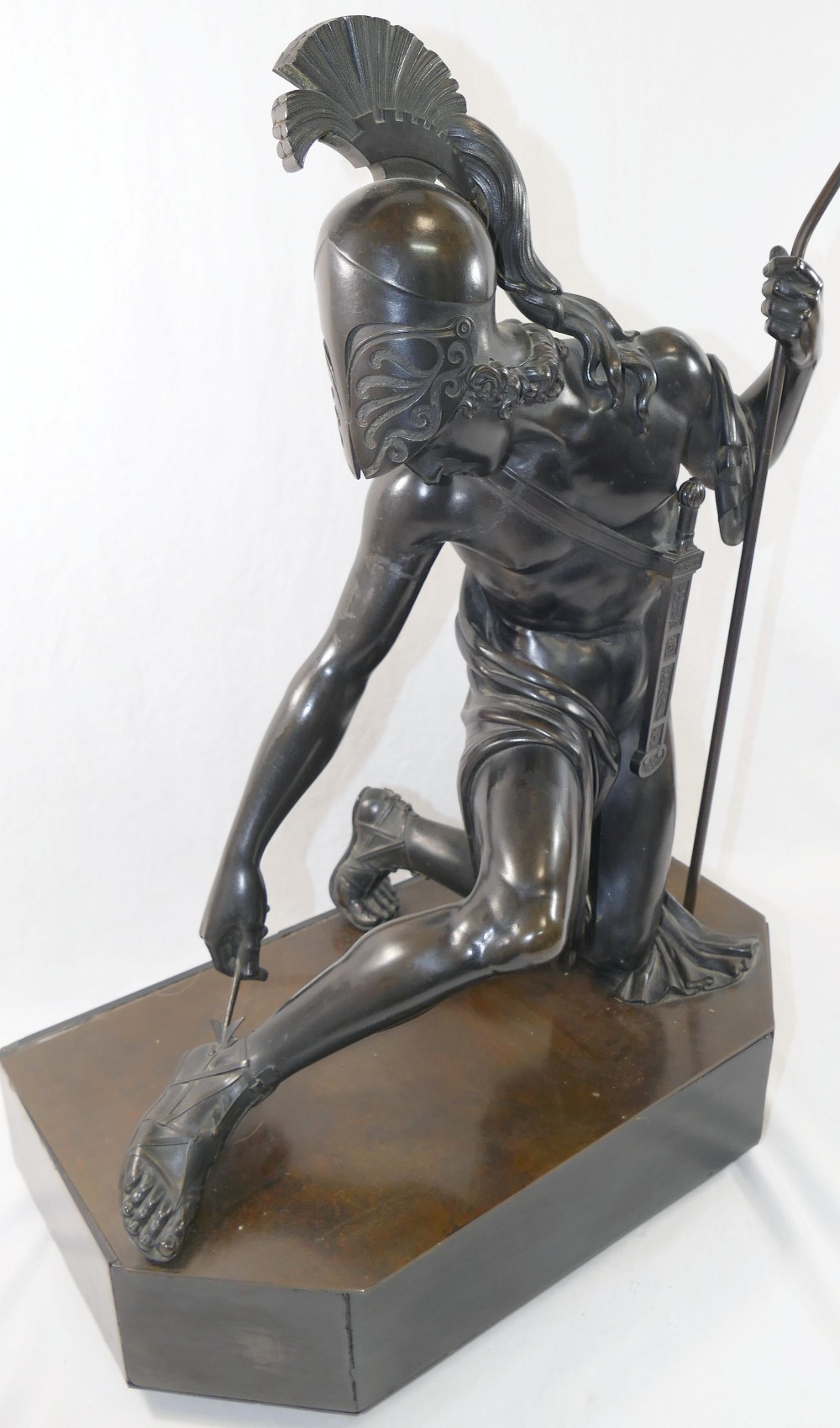 A 19th century French bronze of kneeling Achilles, on slate base, spear bent, top to arrow lacking - Image 4 of 5