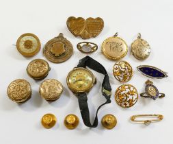 Assorted gold plated cuff links, collar and dress studs, buttons and pins, along with a gold