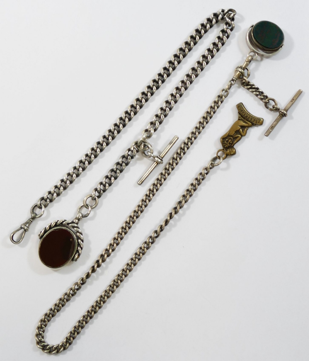 Three silver cased pocket watches and one other pocket watch, and two silver fob chains, each with - Image 2 of 3