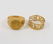 Two yellow yellow metal rings, one stamped '750' and '18K', finger size I, 1.3g, the other with