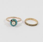 A turquoise and seed pearl circular cluster ring, stamped '9CT', finger size N, 2.4g gross (one