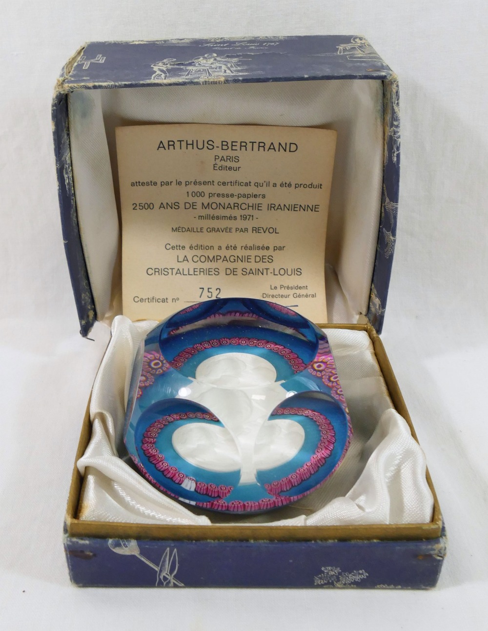 A limited edition Saint-Louis paperweight designed by Arthus-Bertrand of Paris, commemorating 2500