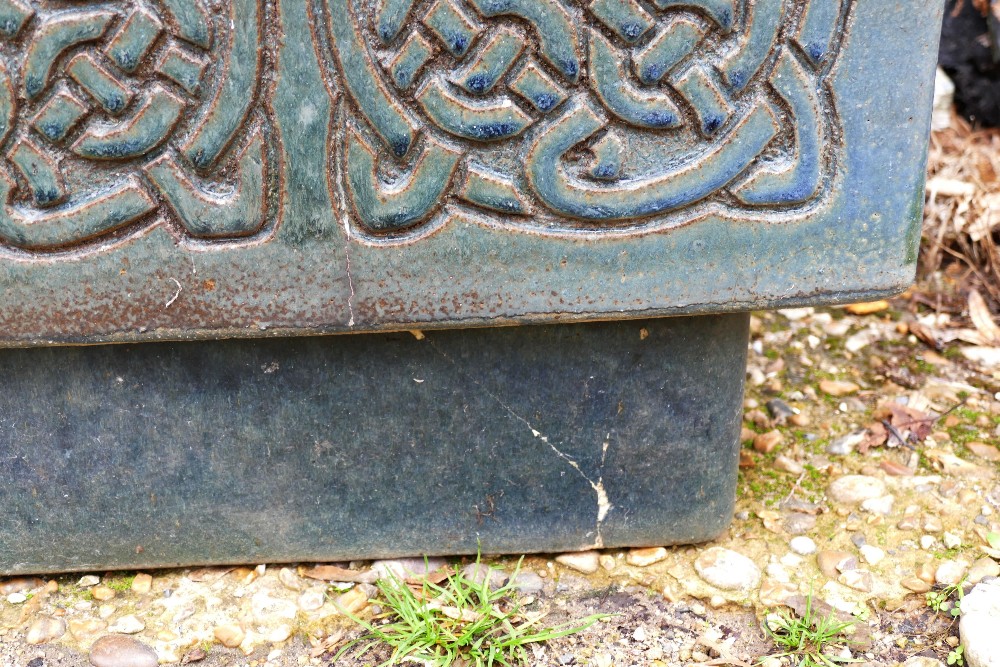 Monica Young (1929-2004), a pair of matched rectangular pottery planters on stands, decorated in a - Image 5 of 11