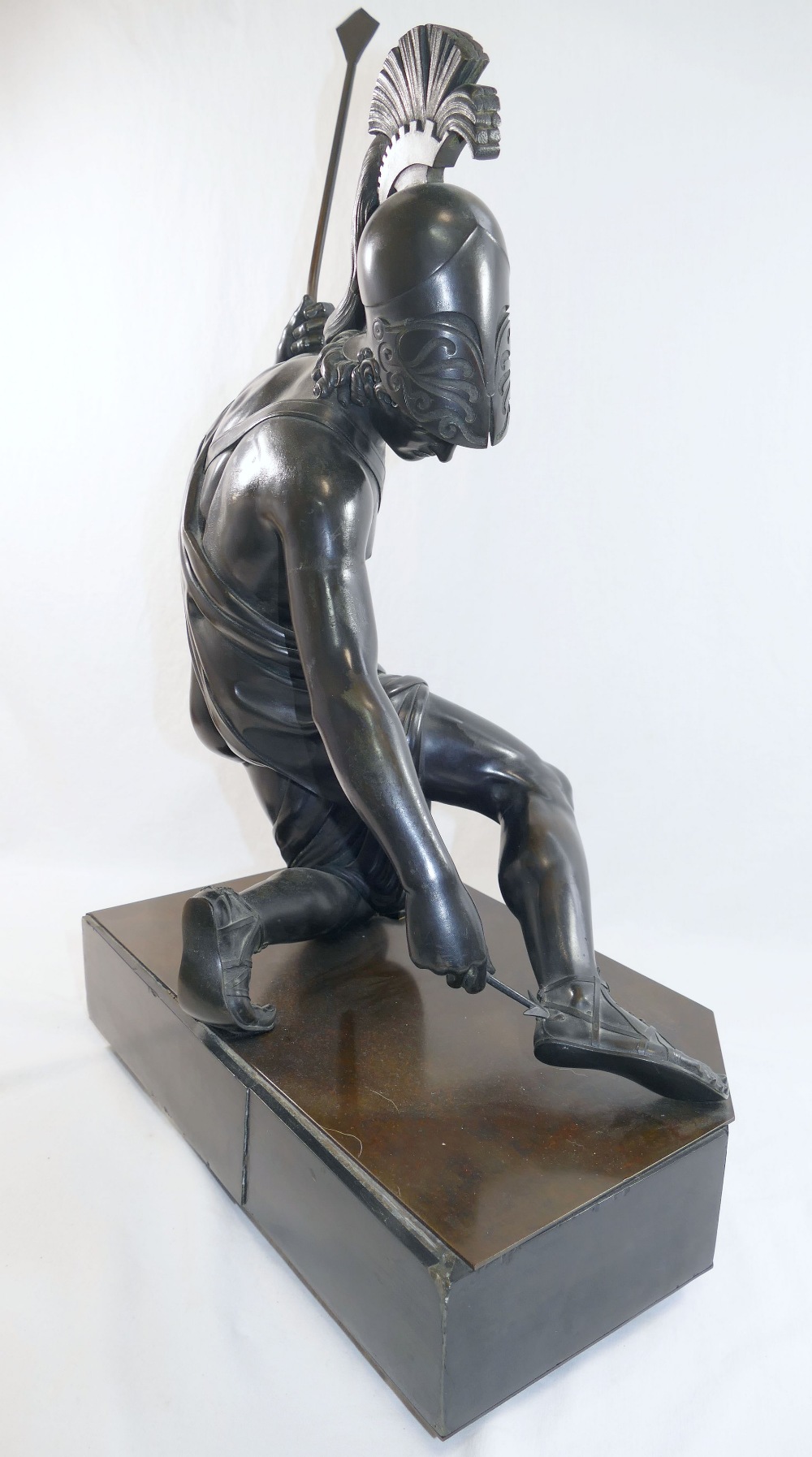 A 19th century French bronze of kneeling Achilles, on slate base, spear bent, top to arrow lacking - Image 5 of 5
