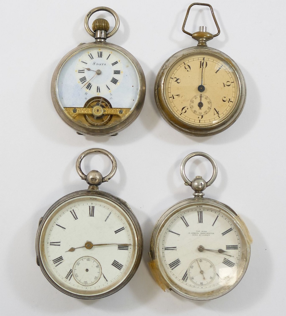 Three silver cased pocket watches and one other pocket watch, and two silver fob chains, each with - Image 3 of 3
