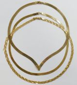 Three Italian 9 carat gold and yellow metal stamped '9K' flat choker necklaces, comprised of a