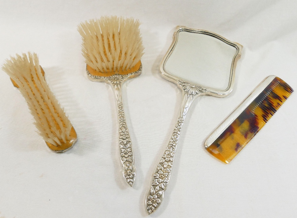 A silver backed dressing table set, comprised of a long handled hair brush, a smaller hair brush, - Image 4 of 4