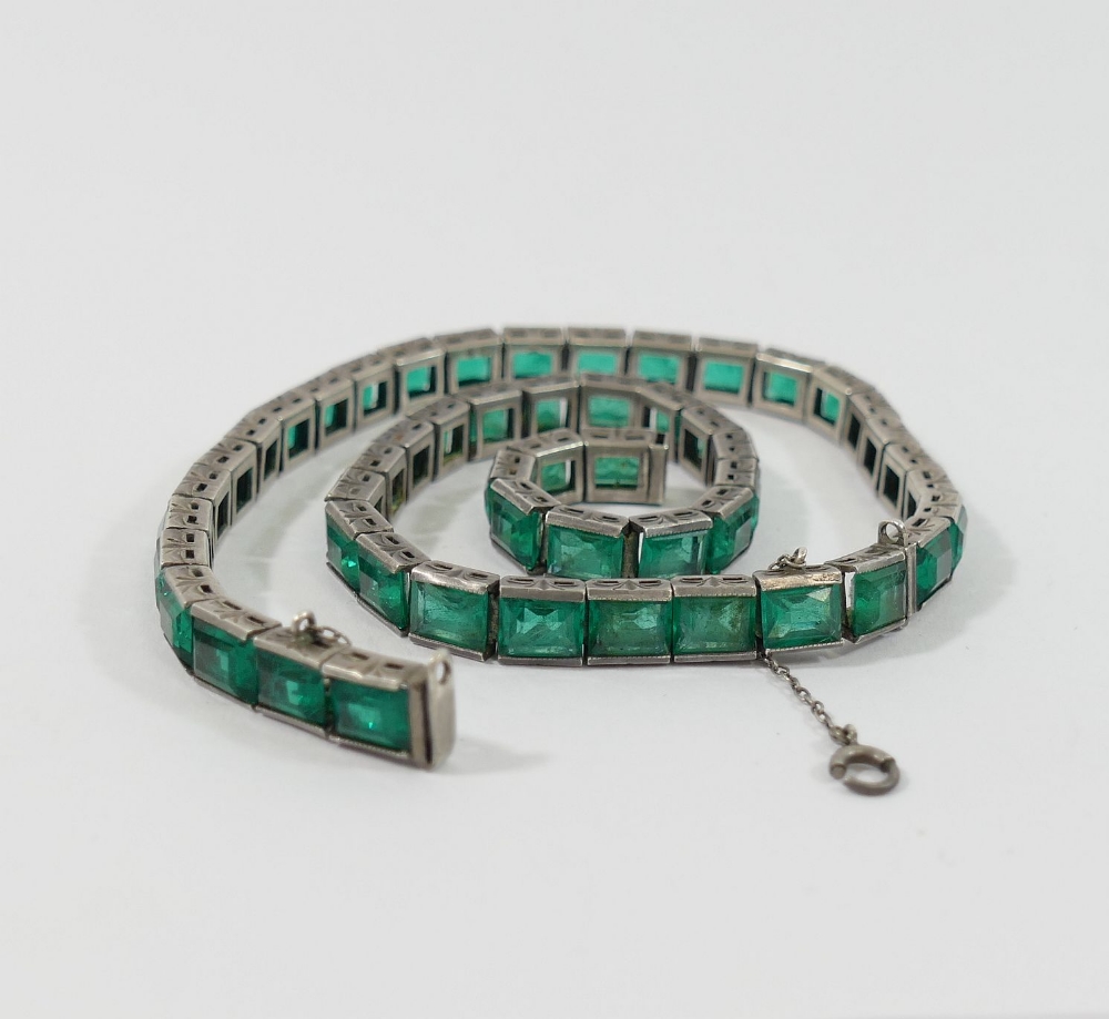 A pair of vintage French emerald paste tennis bracelets, with wild boar's head .800 standard - Image 3 of 3