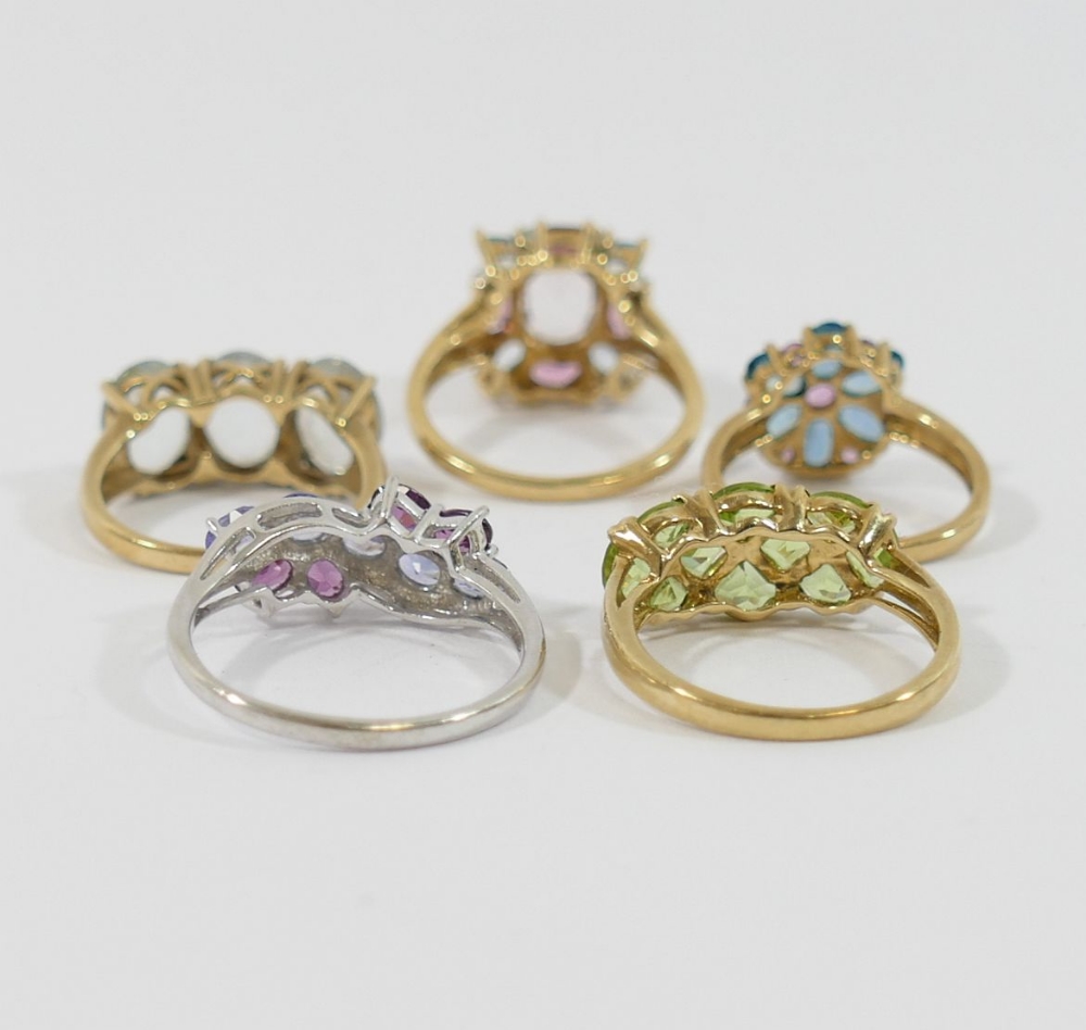Three QVC 9 carat gold gem-set dress rings, and two other similar including a GTV example, - Image 3 of 5