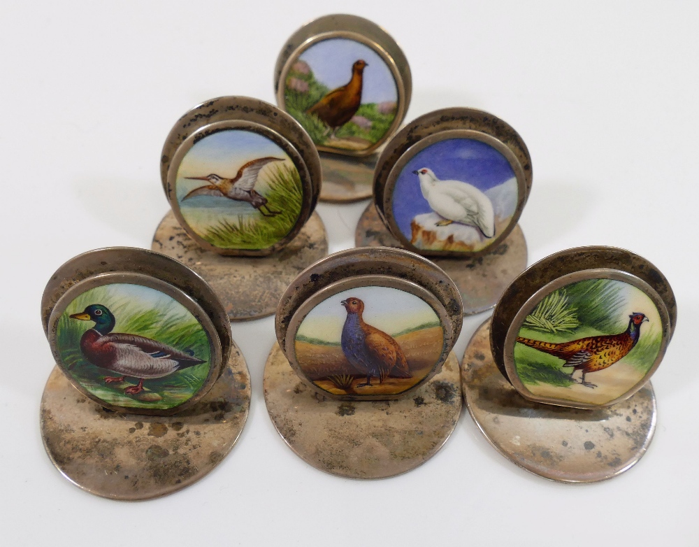 A set of six Sampson Mordan and Co. silver and enamel menu holder/place settings, each decorated - Image 2 of 3