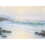20th century, sunrise over breaking waves, oil on canvas, indistinctly signed lower right, 30cm x