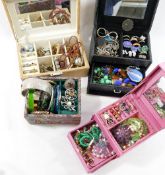Four modern jewellery boxes, containing mostly 20th century costume jewellery, brooches, cuff links,