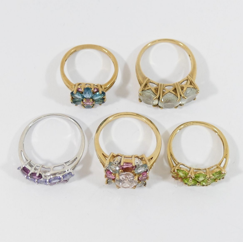 Three QVC 9 carat gold gem-set dress rings, and two other similar including a GTV example, - Image 2 of 5