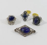 Assorted sodalite jewellery, including a brooch and two panel rings, all stamped 'SILVER' or '