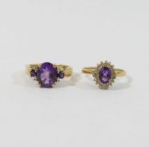 A QVC 9 carat gold amethyst and diamond set ring, finger size N, 3g gross, and a 9 carat gold