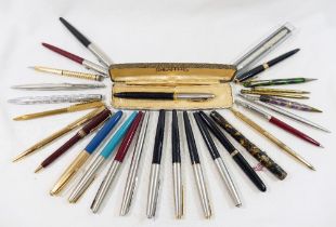 Six Parker fountain pens and five others comprised of Onato, Omas, Mentmore, a cased Sheaffer and