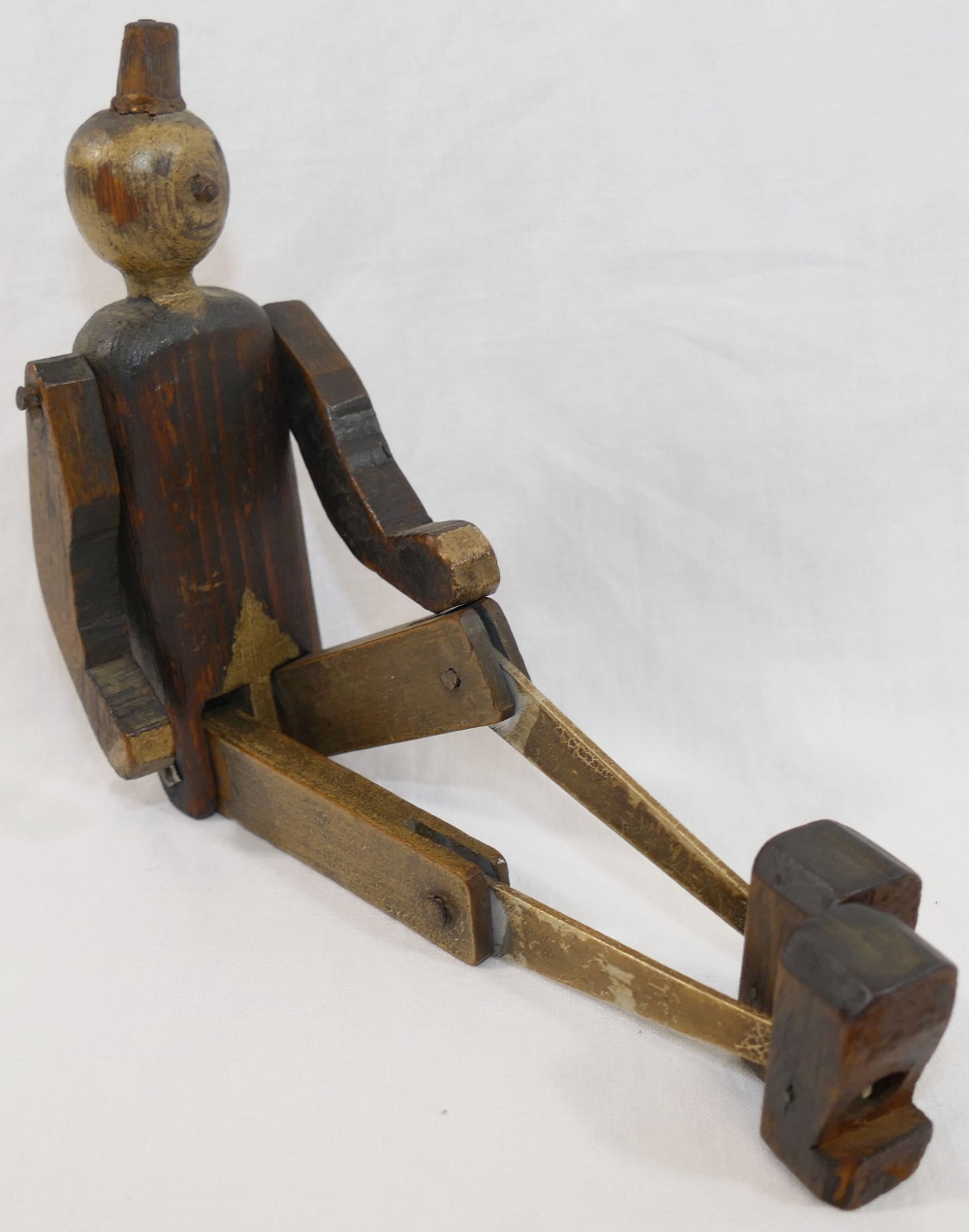 A  scratch built wooden Pinocchio puppet, with hinged arms, legs and feet, 26cm long, with broken - Image 4 of 5