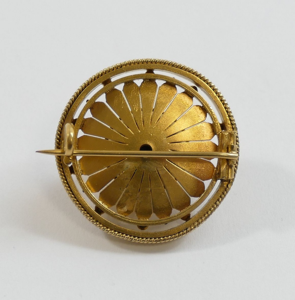 A Victorian Etruscan revival circular gold plated brooch, unmarked, 3.4cm diameter CONDITION REPORTS - Image 2 of 2