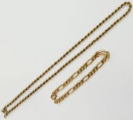 A  9 carat gold Figaro link bracelet, and a 9 carat gold rope twist chain, 42cm long, combined