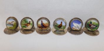 A set of six Sampson Mordan and Co. silver and enamel menu holder/place settings, each decorated