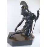 A 19th century French bronze of kneeling Achilles, on slate base, spear bent, top to arrow lacking
