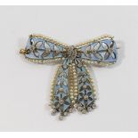 A French Belle Epoch enamel, seed pearl and diamond set bow brooch, the pale blue guilloche enamel