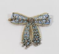 A French Belle Epoch enamel, seed pearl and diamond set bow brooch, the pale blue guilloche enamel