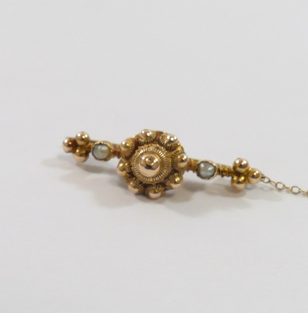 A 19th century yellow metal bar brooch set with split pearls, 3.7cm long, 3.4g gross, and a Wedgwood - Image 3 of 4