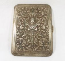 AThai silver cigarette case, the front embossed with single Temppanom figure within scrolling