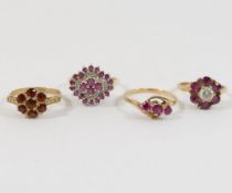 A 9 carat gold ruby and diamond cluster ring, and three other gem-set 9 carat gold rings, combined
