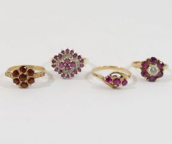 A 9 carat gold ruby and diamond cluster ring, and three other gem-set 9 carat gold rings, combined