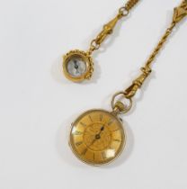 A ladies keyless open-faced pocket watch, the inside of the back stamped '14K', with gold plated